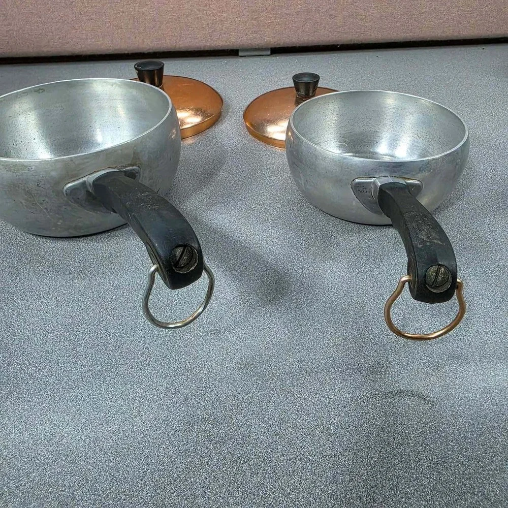Wear-Ever Hallite Saucepan Set 2pc Silver Copper MCM Aluminum Good Vtg USA